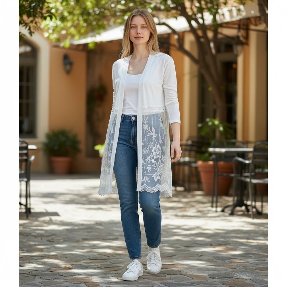 Gigi Moda Cardigan Womens One Size Lace Mesh Floral Duster White Excellent